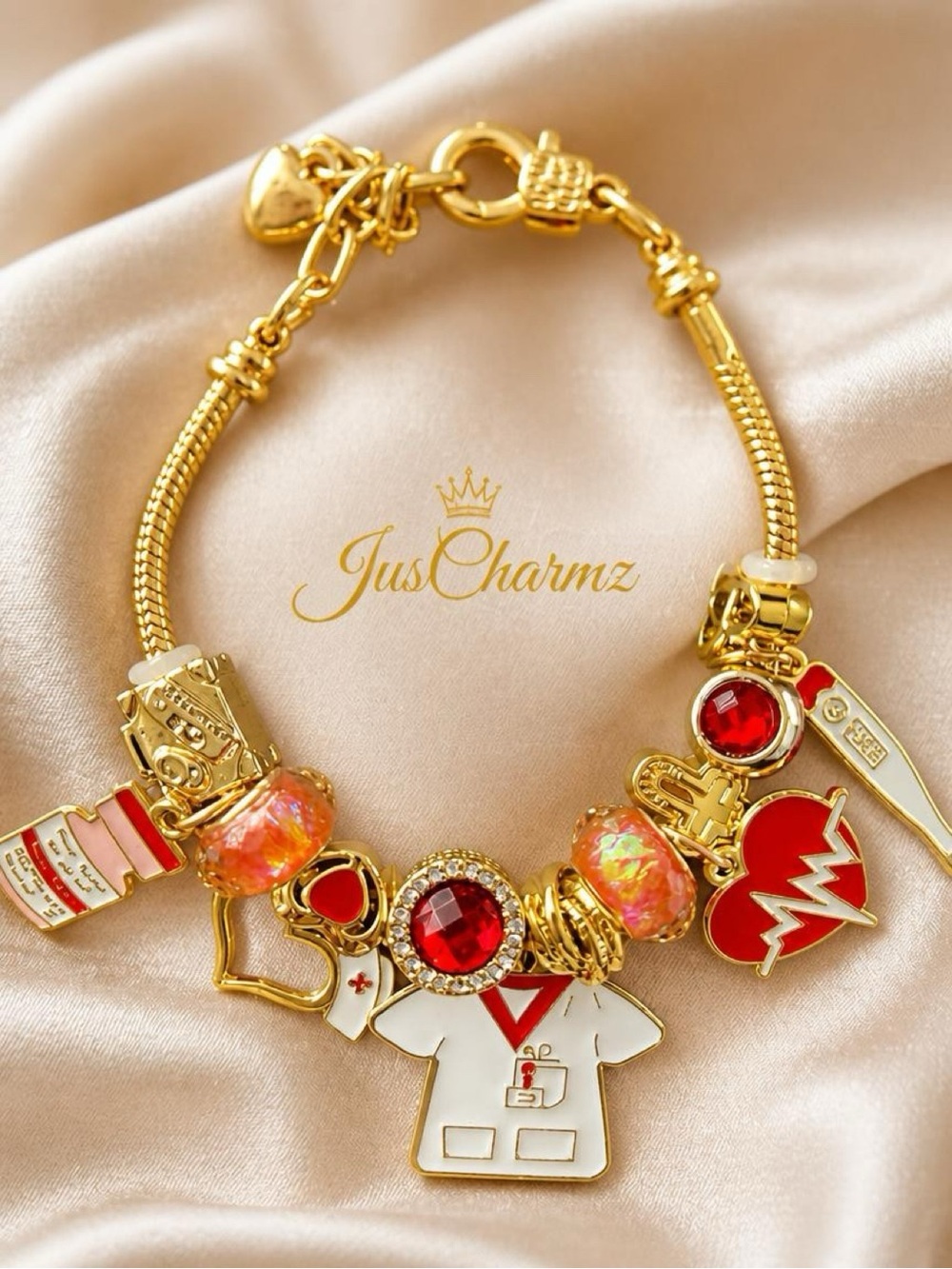 Gold Red Nurse Charm Bracelet